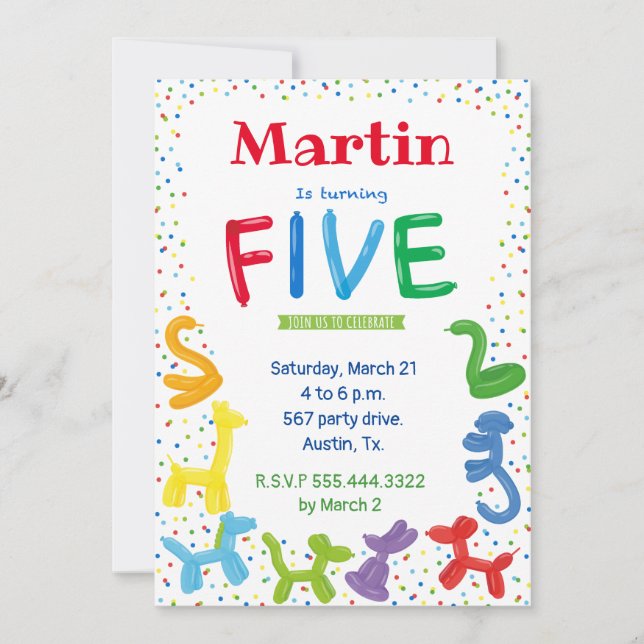 Inbjudan till djurballonger på 5 år (Framsida)