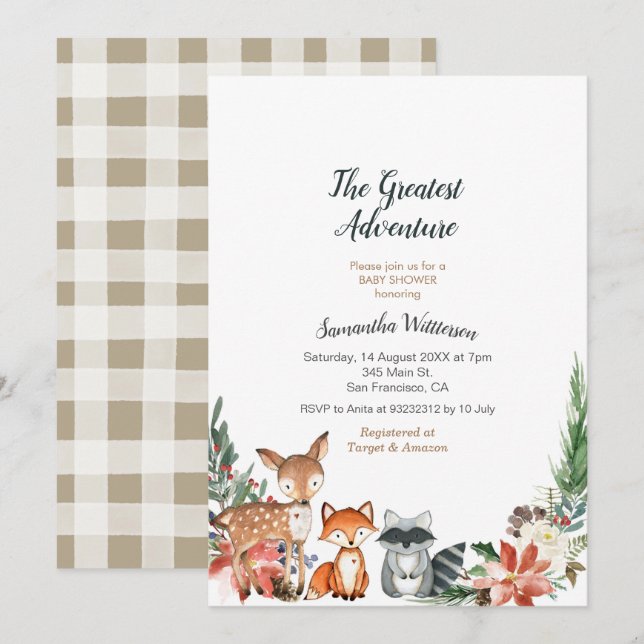 Inbjudan till djuret Rustic Äventyr Baby Shower (Fram/baksida)