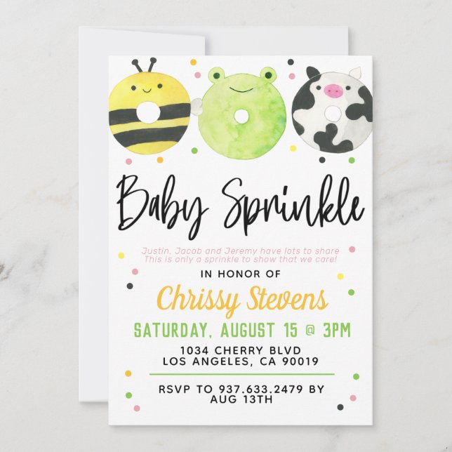 Inbjudan till djurets Donut Baby Sprinkle Shower (Framsida)