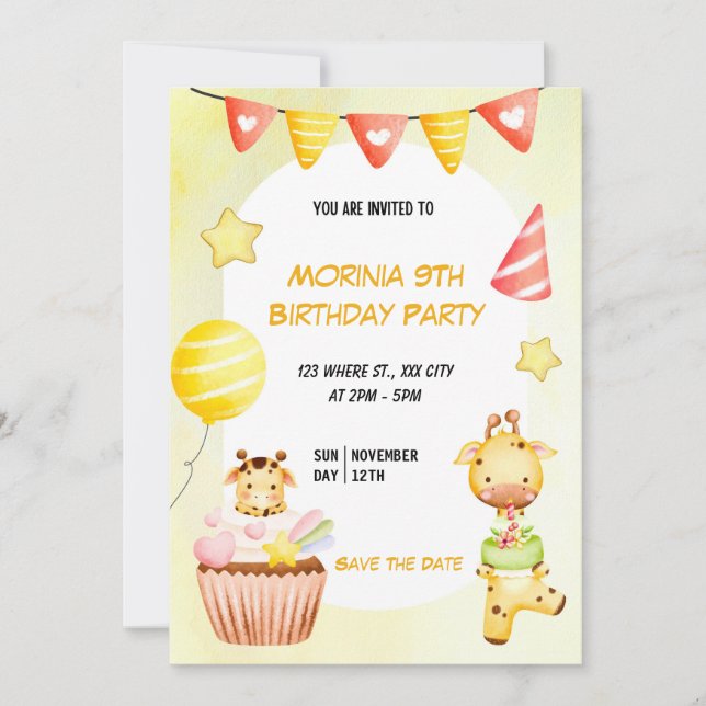 Inbjudan till djurets födelsedag i party Gult (Framsida)