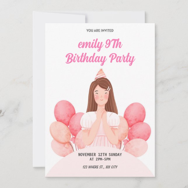 Inbjudan till djurets födelsedag i party Rosa (Framsida)