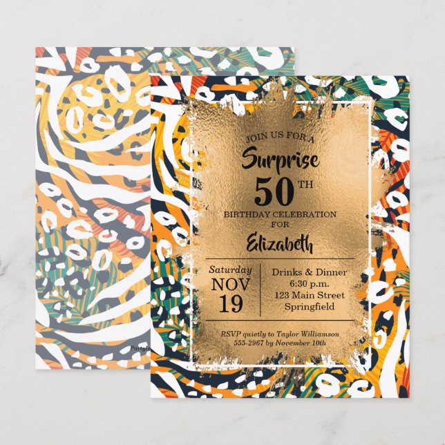 Inbjudan till djurutskrift på 50:e födelsedagen (Fram/baksida)