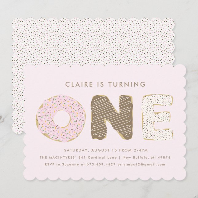 Inbjudan till Donut-tema för första Födelsedagsfes (Fram/baksida)