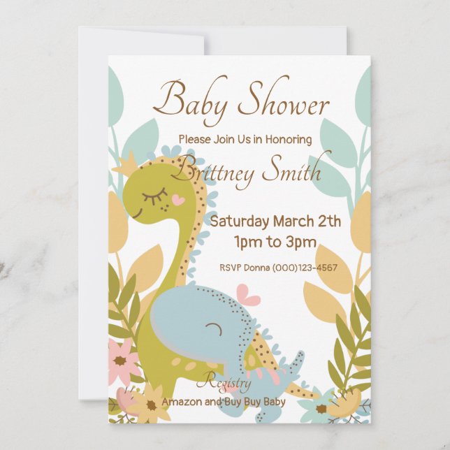 Inbjudan till dosinosaur Baby Shower, gender Neutr (Framsida)