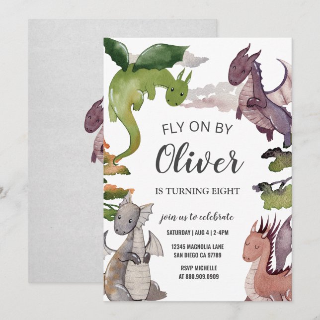 Inbjudan till Dragon Birthday (Fram/baksida)