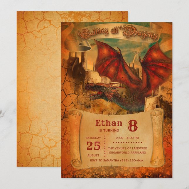 Inbjudan till Dragon Birthday (Fram/baksida)