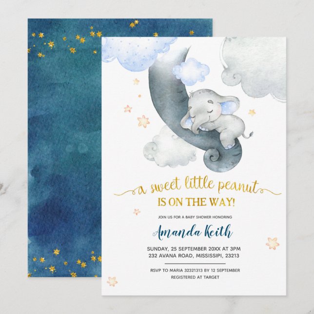 Inbjudan till Dreamy Stars Blue Elephant Baby Show (Fram/baksida)