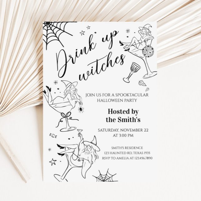 Inbjudan till DRYCK-fönster i Halloween fest (Hand Drawn Drink Up Witches Halloween Party Invitation)