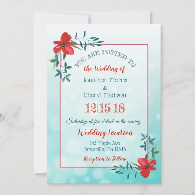 Inbjudan till dubbla Sided Teal & Red Flower Weddi (Framsida)