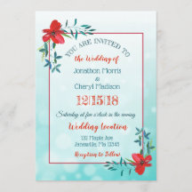 Inbjudan till dubbla Sided Teal & Red Flower Weddi