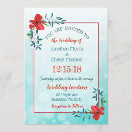 Inbjudan till dubbla Sided Teal & Red Flower Weddi