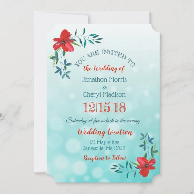 Inbjudan till dubbla Sided Teal & Red Flower Weddi (Framsida)