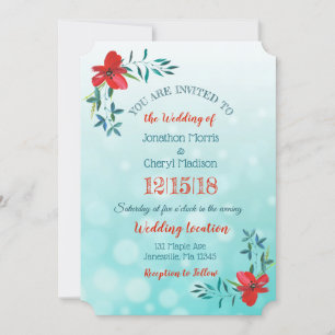 Inbjudan till dubbla Sided Teal & Red Flower Weddi