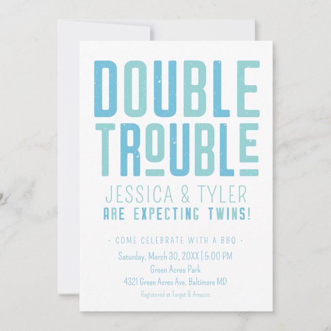 Inbjudan till dubbla Trouble Twin Boys Baby Shower (Framsida)
