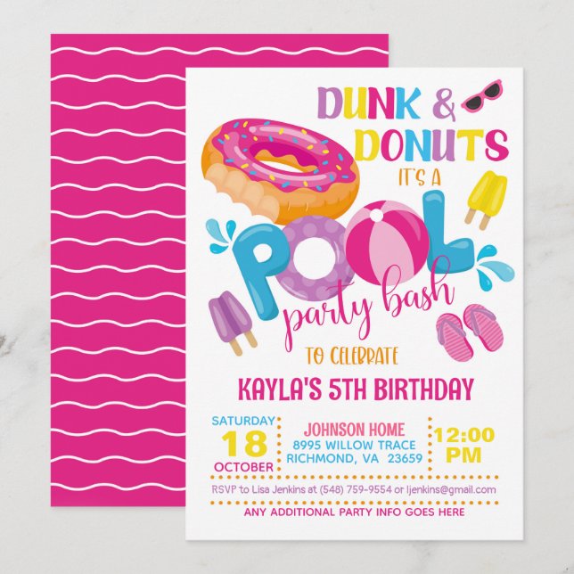 Inbjudan till Dunk & Donuts Poolparty (Fram/baksida)