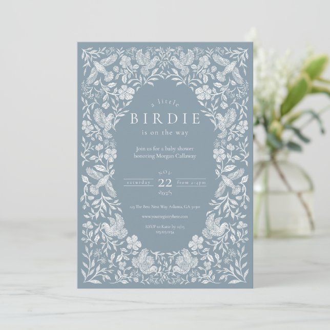 Inbjudan till Dusty Blue Blommigt Birdie Baby Show (Stående Fram)