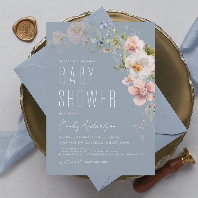 Inbjudan till Dusty Blue Boho Wildblomma Baby Show Flygblad (Skapare uppladdad)