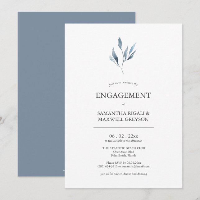 Inbjudan till Dusty Blue Botanicals Förlovningsfes (Fram/baksida)