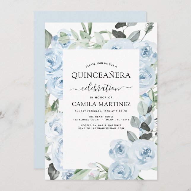 Inbjudan till Dusty Blue Quinceañera-Blommigt (Fram/baksida)