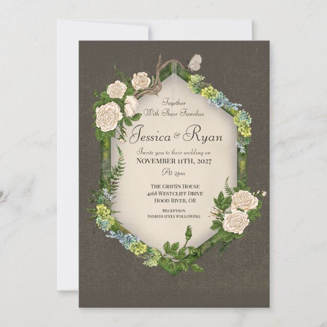 Inbjudan till Earthy Rustic Moss och Ro Wedding (Framsida)