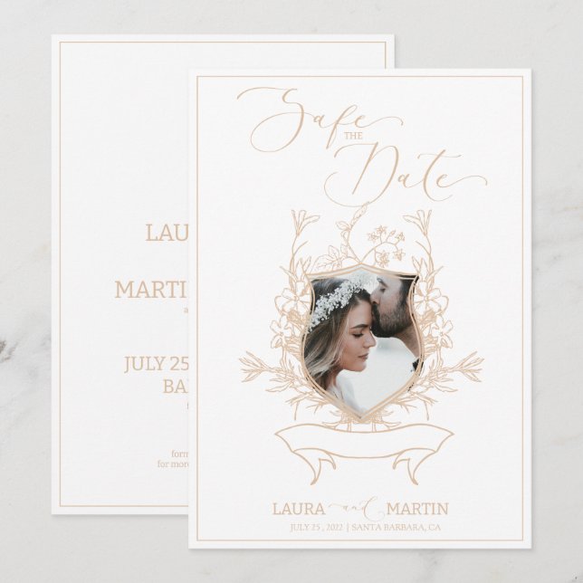 Inbjudan till Ecru vapensköld blommigt Photo Elega (Fram/baksida)