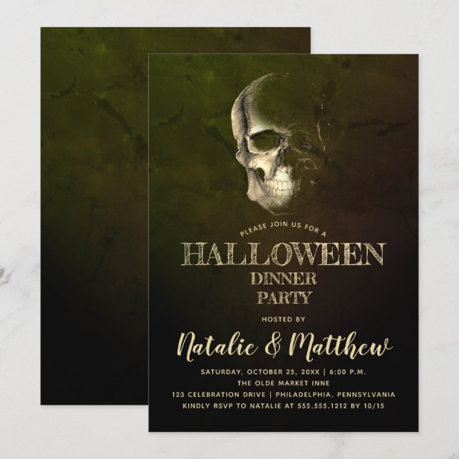 Inbjudan till Eerie Night Skull Halloween-middagen (Fram/baksida)