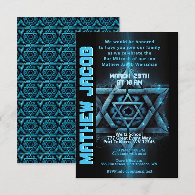 Inbjudan till Electric Blue och Pub Mitzvah (Fram/baksida)