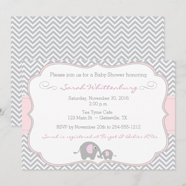 Inbjudan till elefant Chevron Baby Shower - Rosa (Fram/baksida)