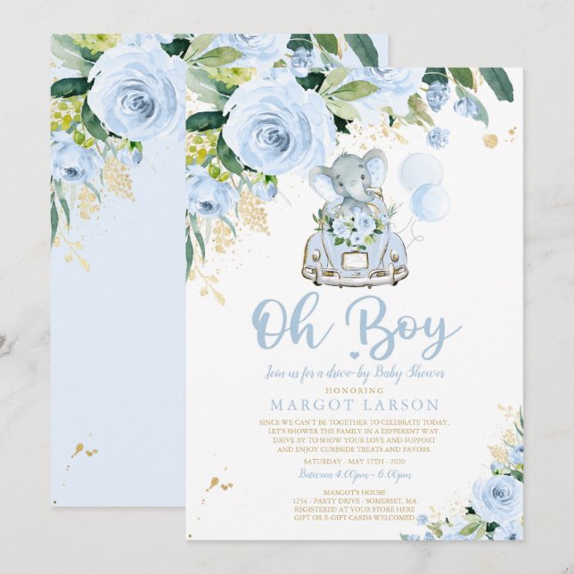 Inbjudan till elefant-enhet efter babyskor blå Ro (Fram/baksida)