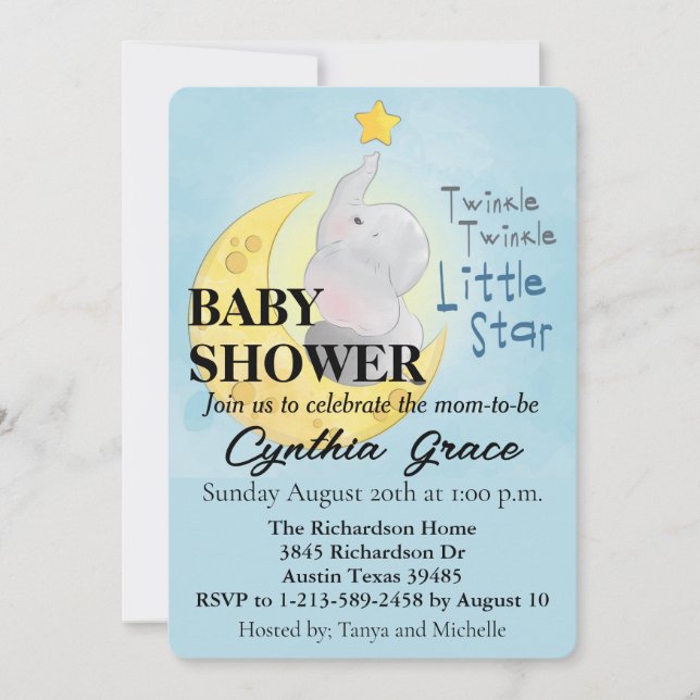 Inbjudan till elefant- och Måne-babyskor (Framsida)