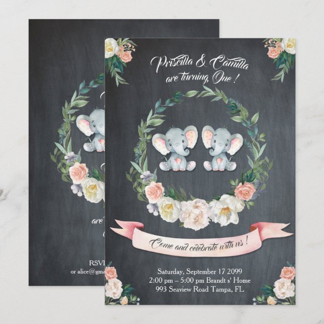 Inbjudan till elefant-tvillingflicka,Blommigt,Baby (Fram/baksida)