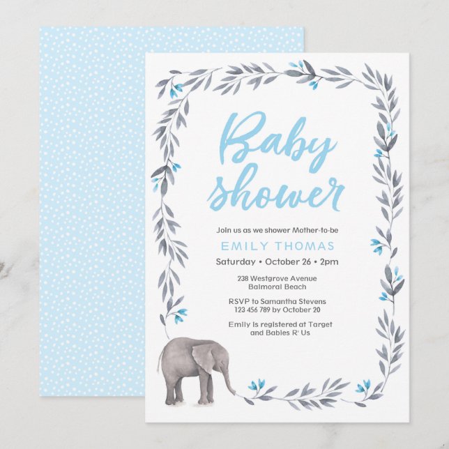 Inbjudan till elefantblått och grått Baby Shower (Fram/baksida)