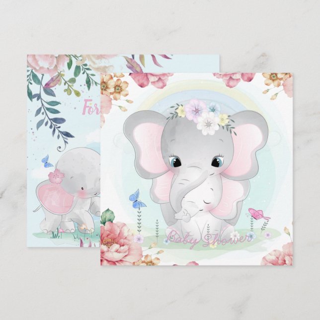 Inbjudan till elefanter för babyskor (Fram/baksida)