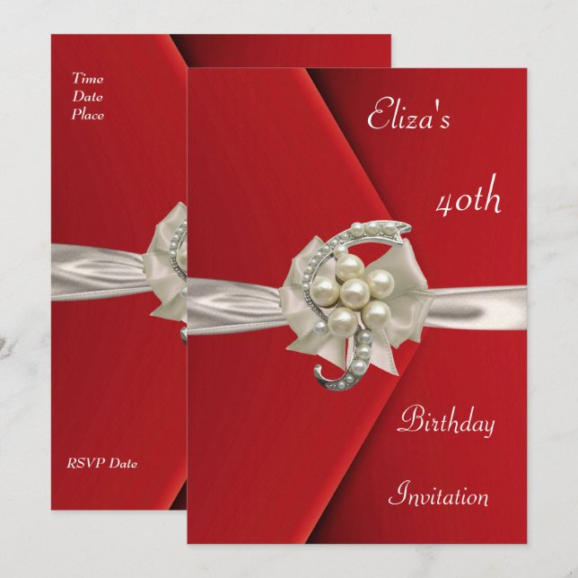 Inbjudan till Elegant 40:e Red Velvet Pearl Jewel  (Fram/baksida)