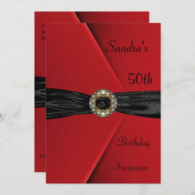 Inbjudan till Elegant 50:e Red Velvet Pearl Jewel  (Fram/baksida)