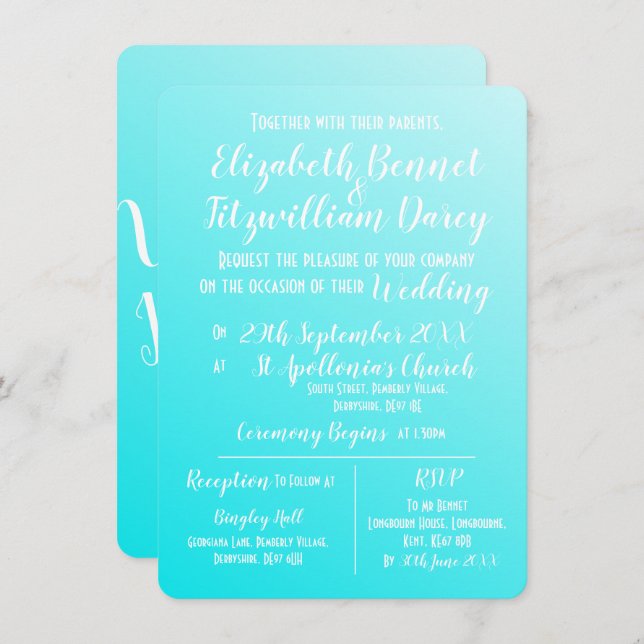 Inbjudan till elegant Aqua Blue Wedding (Fram/baksida)