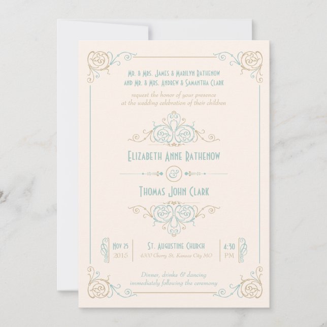 Inbjudan till elegant Art Deco Blue & Cream Weddin (Framsida)