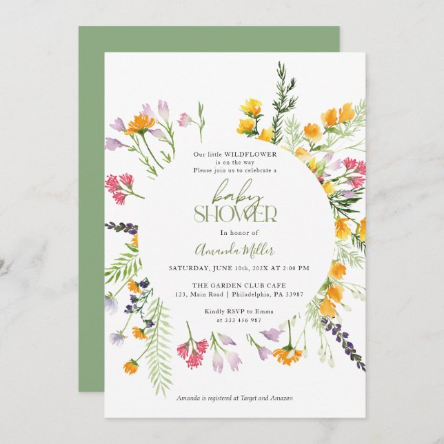 Inbjudan till elegant av blommigten för Wildblommo (Fram/baksida)