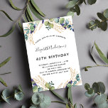 Inbjudan till elegant av eukalyptus greenery på fö<br><div class="desc">För en 40:e (eller någon ålder) födelsedagsfest. En vit bakgrund som dekorerats med eukalyptus greenery och gyllene löv. Anpassa och lägg till information om namn och bröllop. Svart och guldfärgad färgad brev.</div>