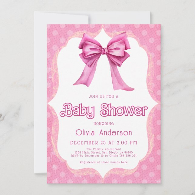 Inbjudan till Elegant av rosa Bow Baby Shower (Framsida)
