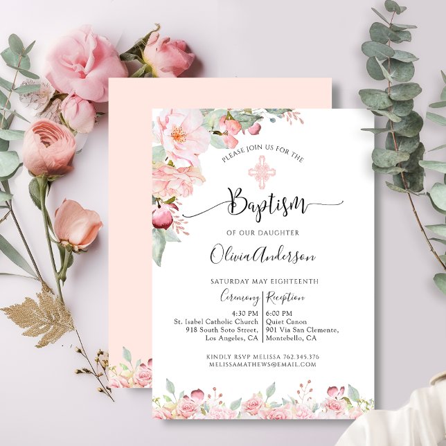 Inbjudan till elegant Baptism Mint och Peach Blomm (Skapare uppladdad)