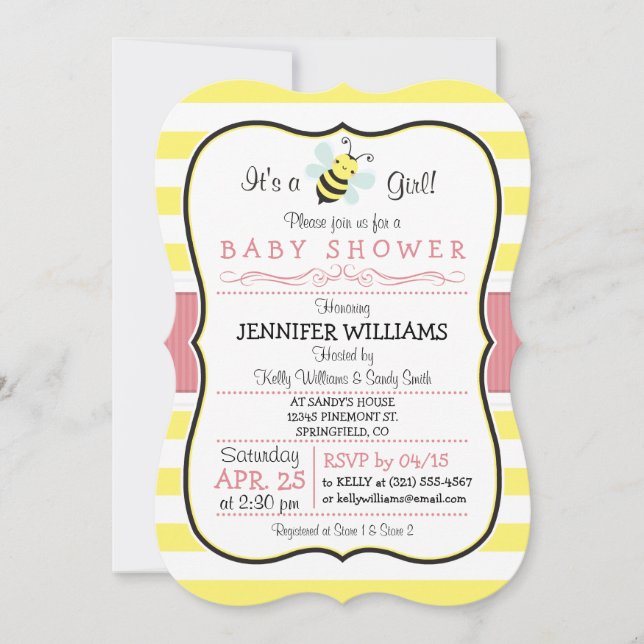 Inbjudan till elegant Bee Girl Baby Shower (Framsida)
