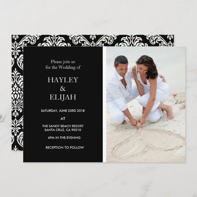 Inbjudan till elegant Black and White Damask Weddi (Fram/baksida)
