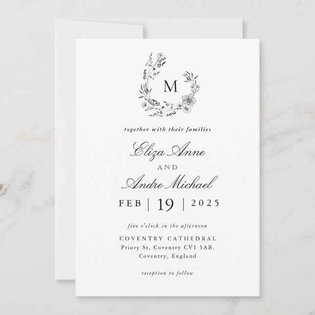 Inbjudan till elegant Black and White Monogram Brö (Framsida)