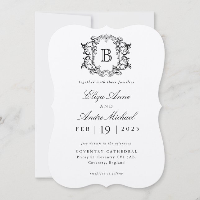 Inbjudan till elegant Black and White Monogram Brö (Framsida)