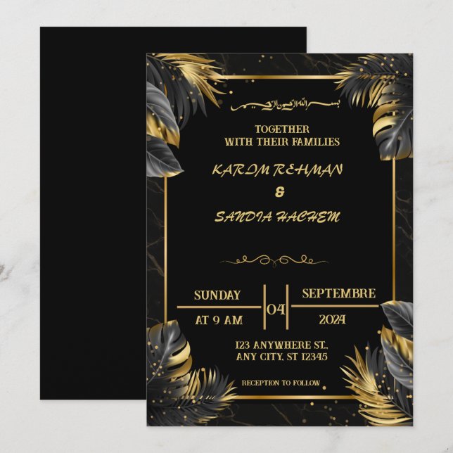 Inbjudan till elegant Black and White Muslim Weddi (Fram/baksida)
