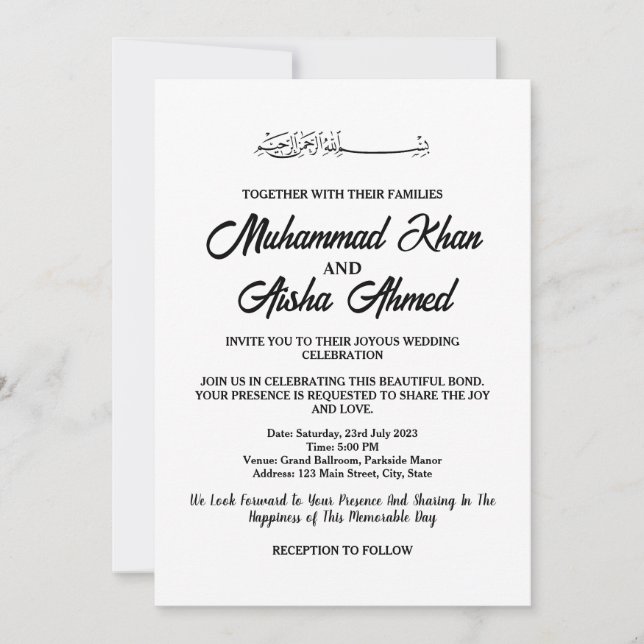 Inbjudan till elegant Black and White Muslim Weddi (Framsida)