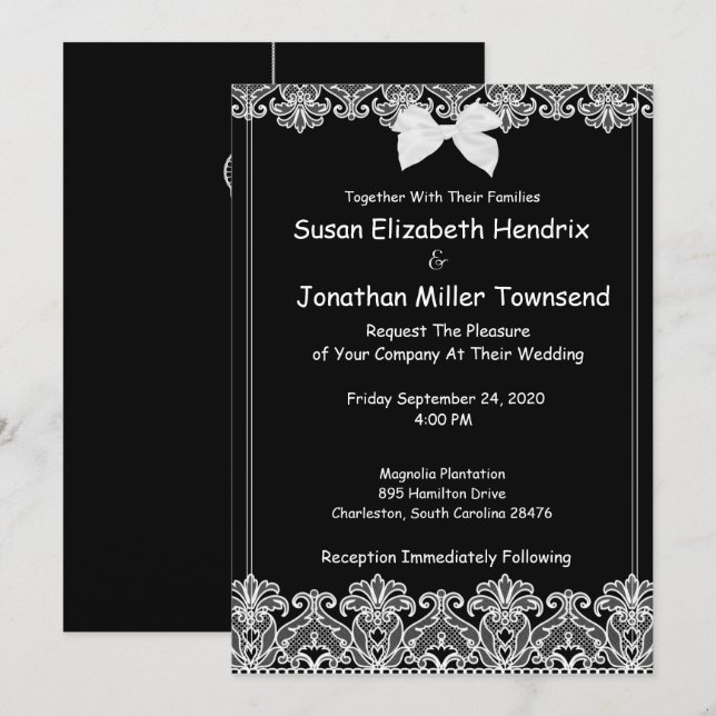 Inbjudan till elegant Black and White Wedding (Fram/baksida)