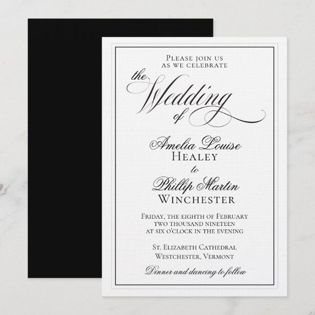 Inbjudan till elegant Black and White Wedding (Fram/baksida)