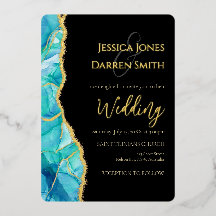 Inbjudan till elegant Black Blue Gold Foil Wedding